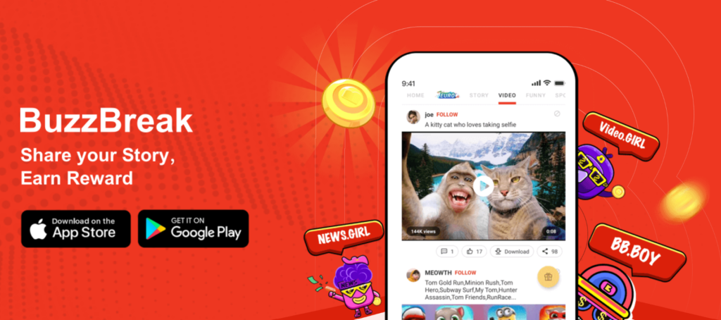 BuzzBreak is another money-making app that shares funny and interesting news from the internet