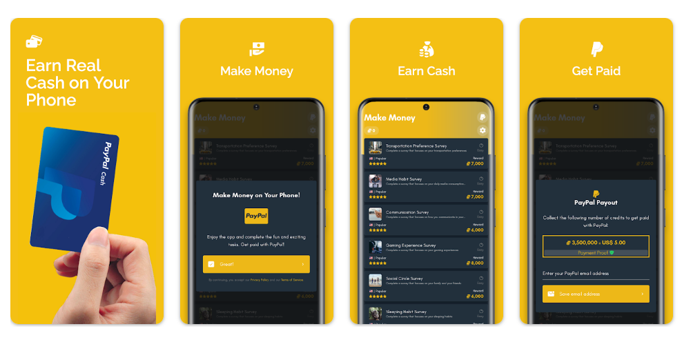 Make Money – Cash Earning App allows you get paid by answering surveys. Test services and get paid cash with Make Money!