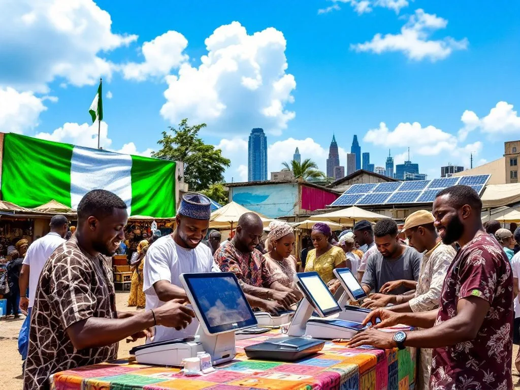 Nigerian POS agent serving customers at busy market location with multiple payment terminals