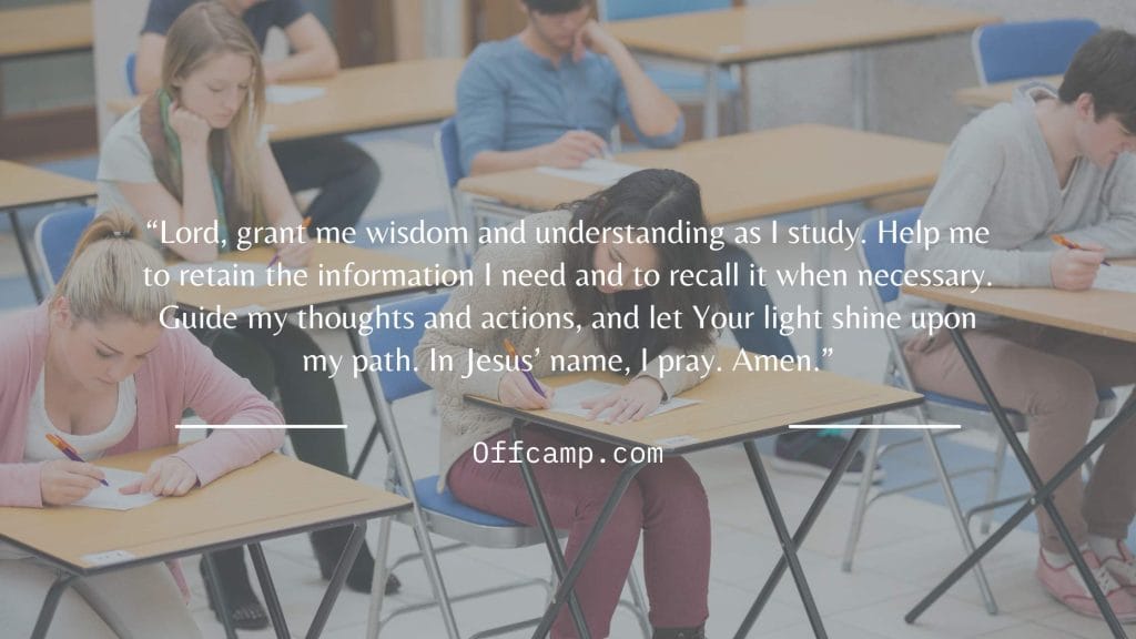 Student praying for exam success with books nearby