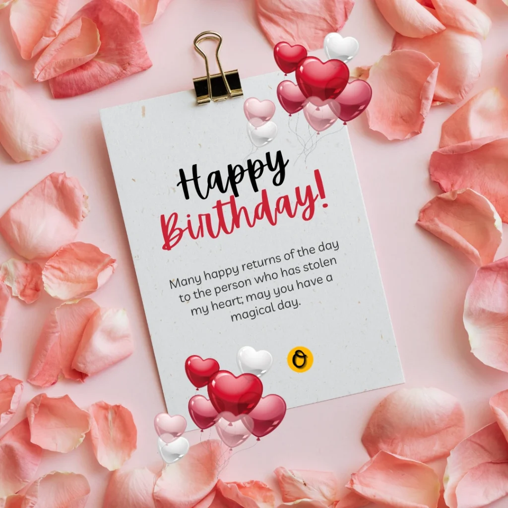 Romantic birthday card with heart touching birthday wishes for girlfriend written in elegant handwriting