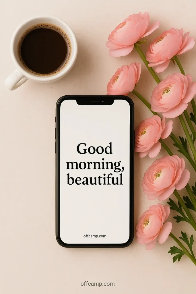 Sweet good morning messages for her text overlay on romantic morning landscape with golden sunlight