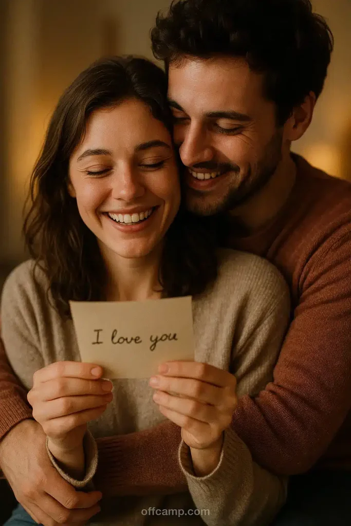 Couple embracing while reading a love message for her to fall in love, showing genuine emotional connection