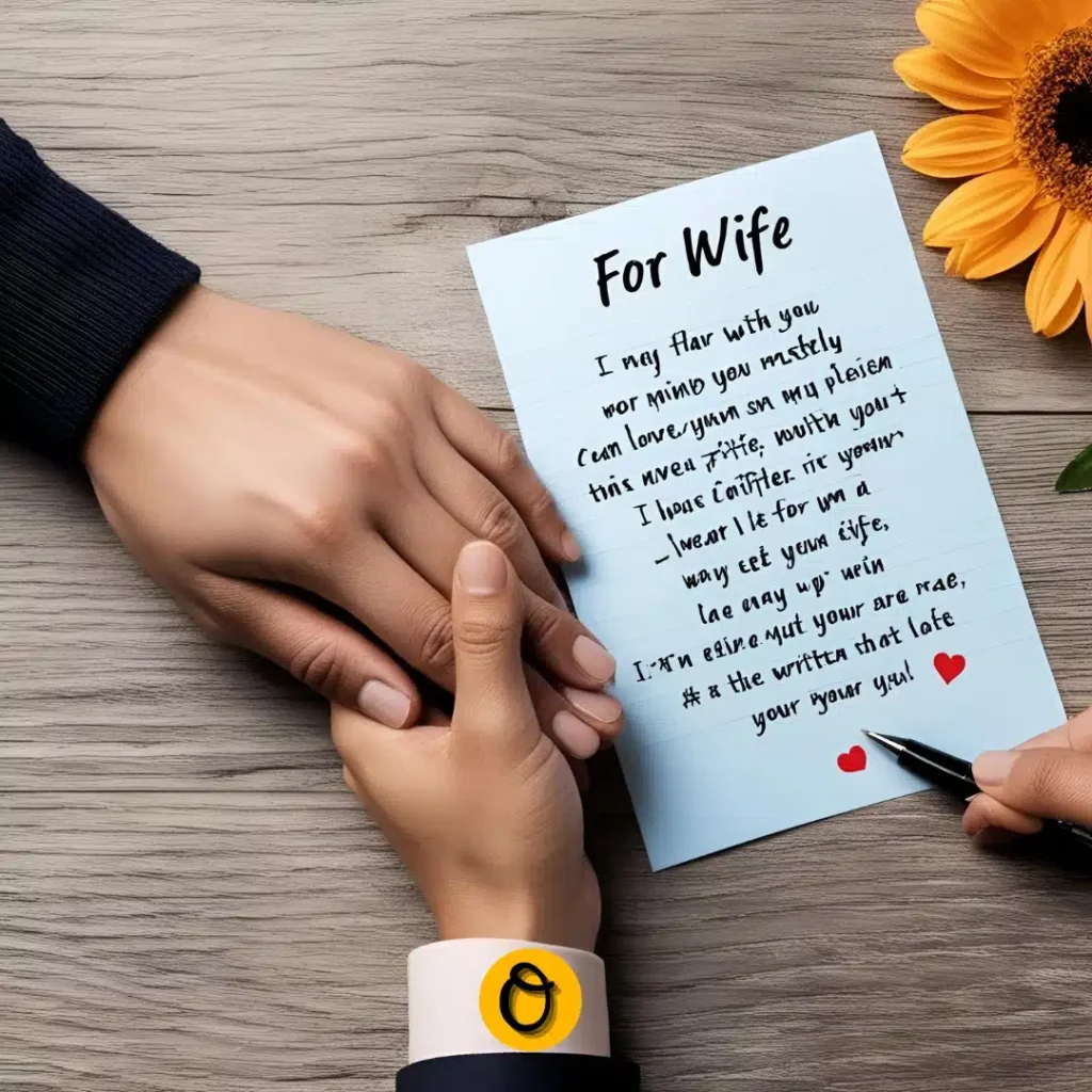 Couple holding hands with love messages for wife written in a handwritten note nearby