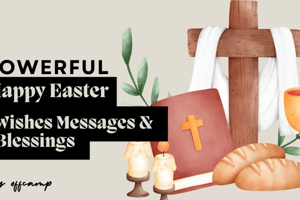 Happy Easter wishes card with spring flowers and religious symbols