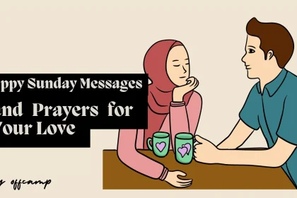 Happy Sunday messages for your love displayed on phone with couple enjoying breakfast
