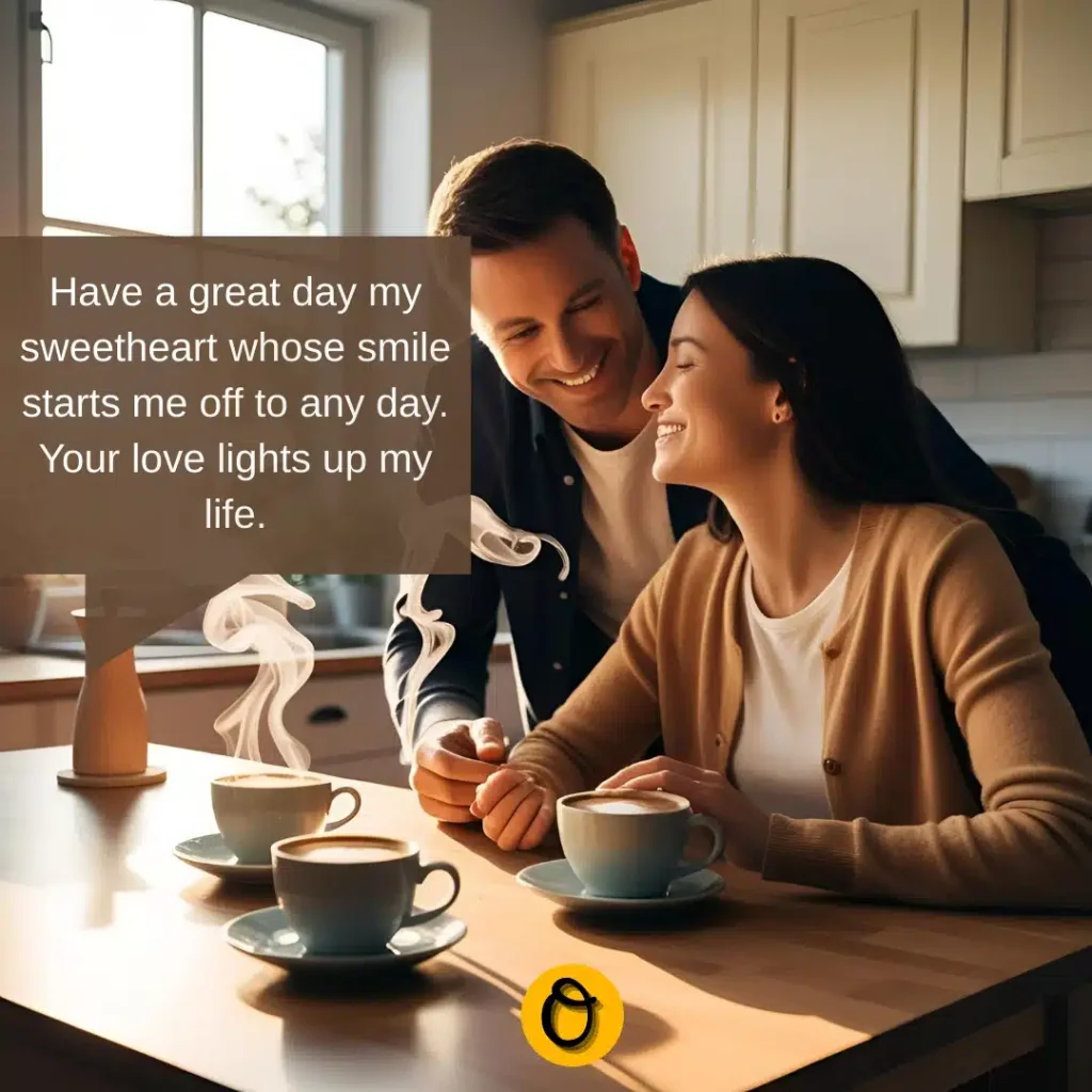 Woman smiling at phone reading sweet love messages for wife sent by her caring husband