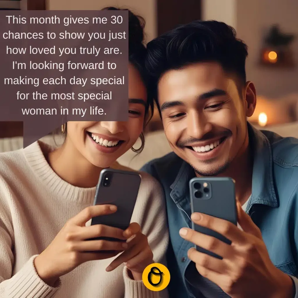 Woman smiling while reading heart touching new month message on her phone from boyfriend