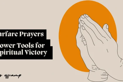 A believer kneeling in powerful warfare prayers with Bible verses surrounding them as spiritual weapons against enemy attacks