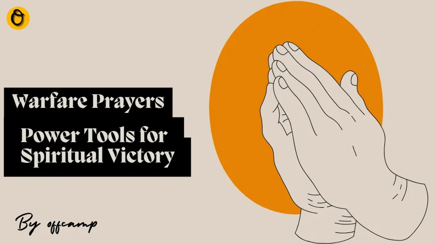 A believer kneeling in powerful warfare prayers with Bible verses surrounding them as spiritual weapons against enemy attacks