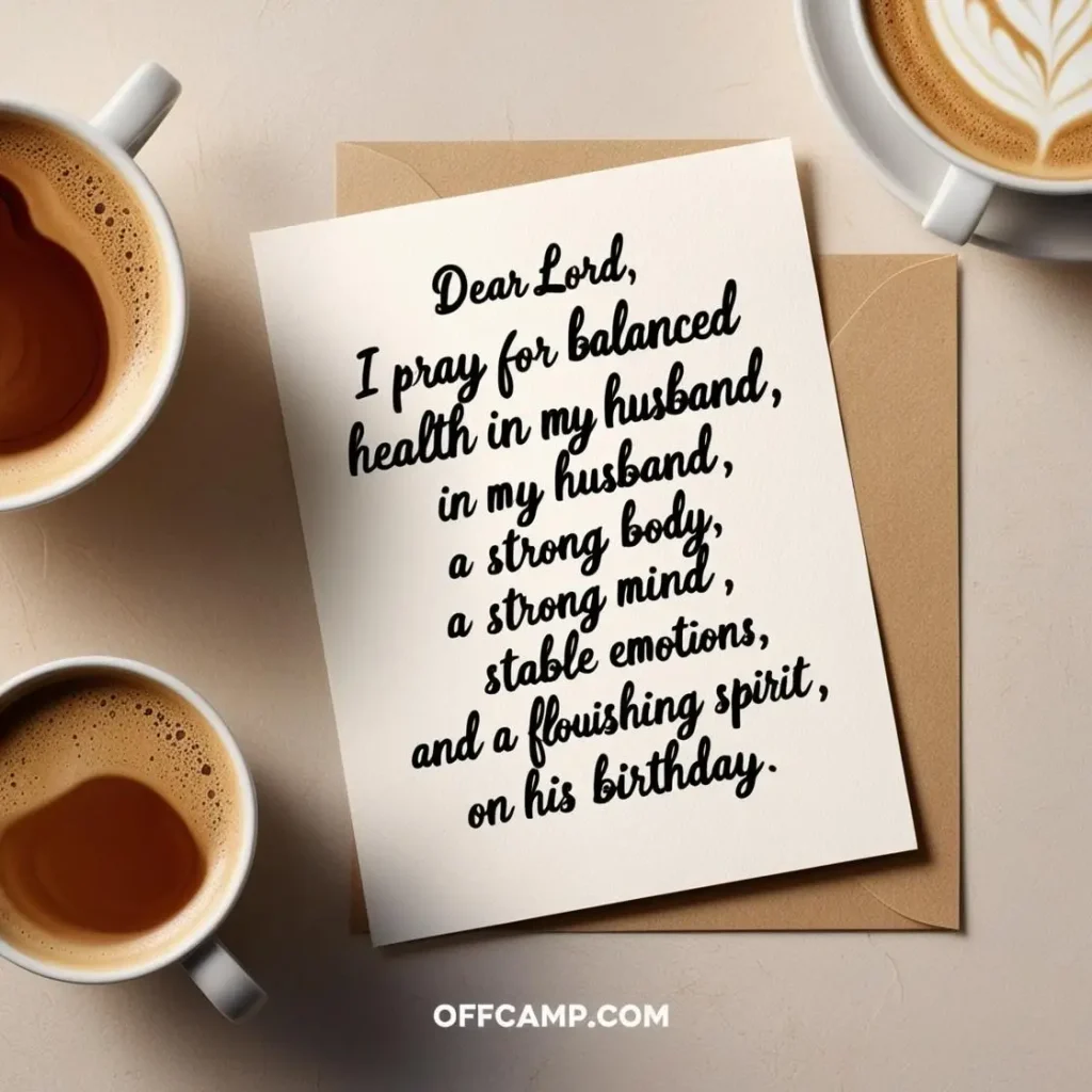 Morning coffee scene with handwritten happy birthday prayer for my husband note showing thoughtful spiritual connection