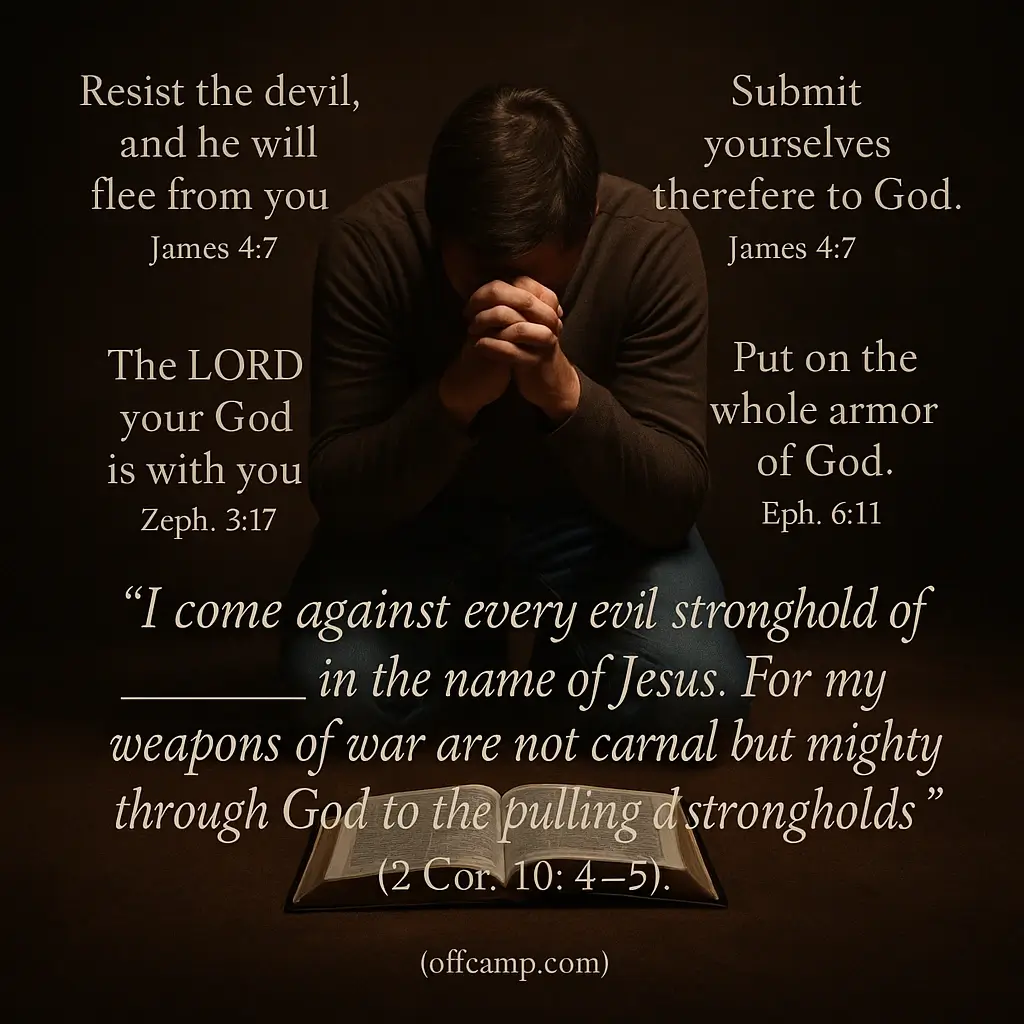 Warfare prayer points with scriptures shown on ancient parchment alongside a modern believer applying these powerful declarations