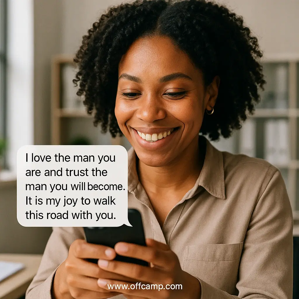 Woman smiling while reading romantic text message from husband during work break