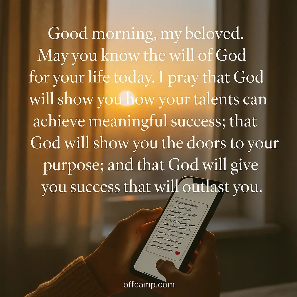 Smartphone displaying sweet good morning prayer for my boyfriend message with morning coffee and Bible