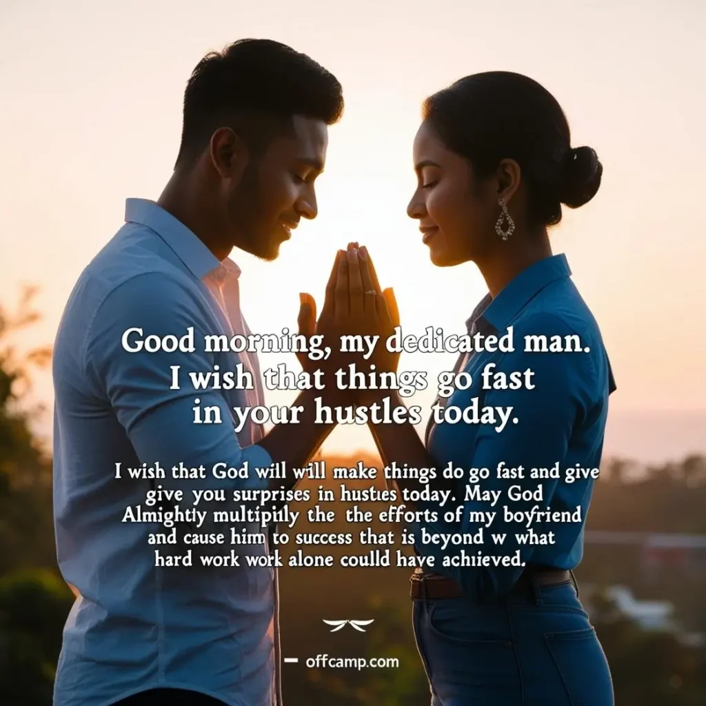 Couple praying together at sunrise with good morning prayer for my boyfriend written in beautiful calligraphy