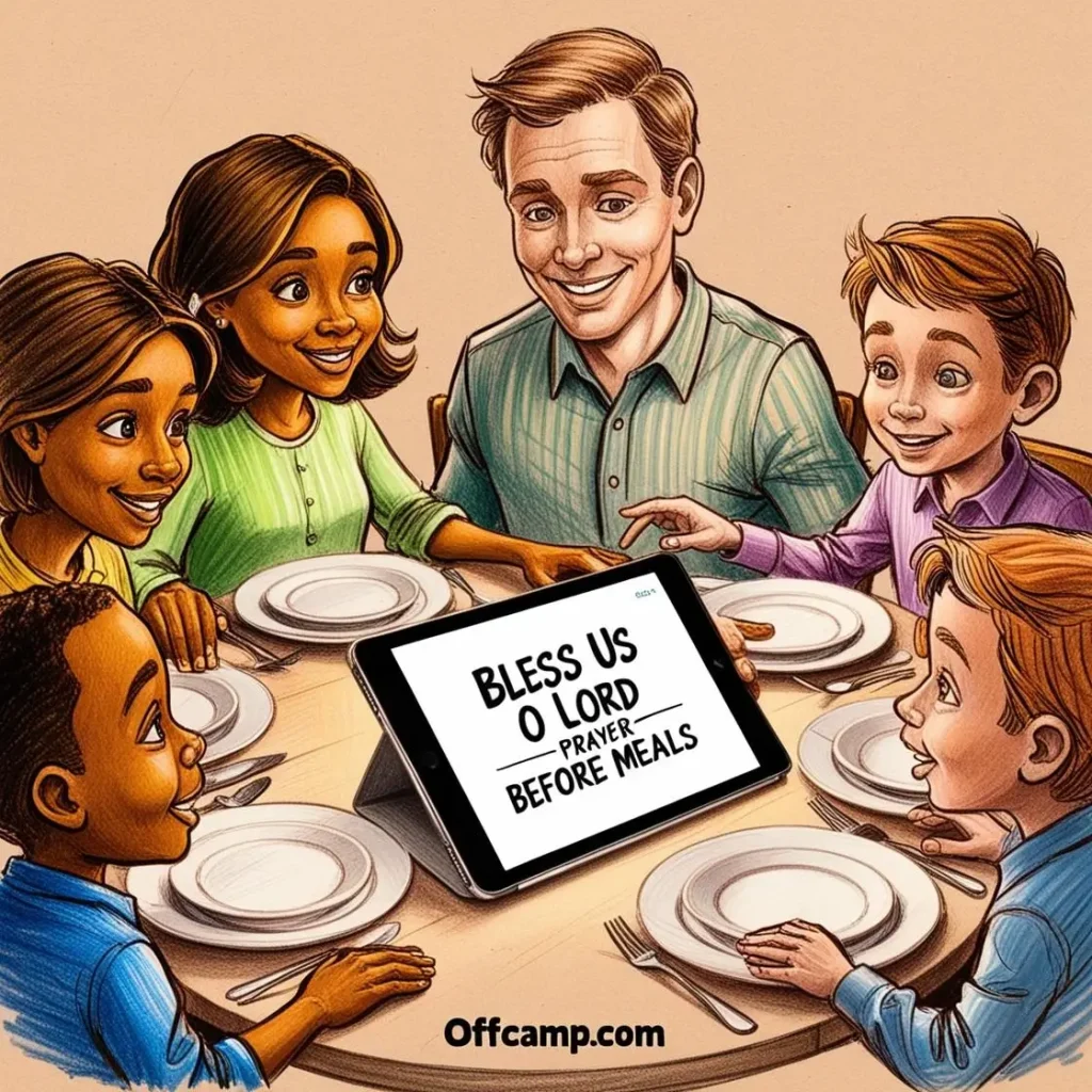 Modern family using digital tablet displaying the Bless Us O Lord Prayer Before Meals before their evening meal together