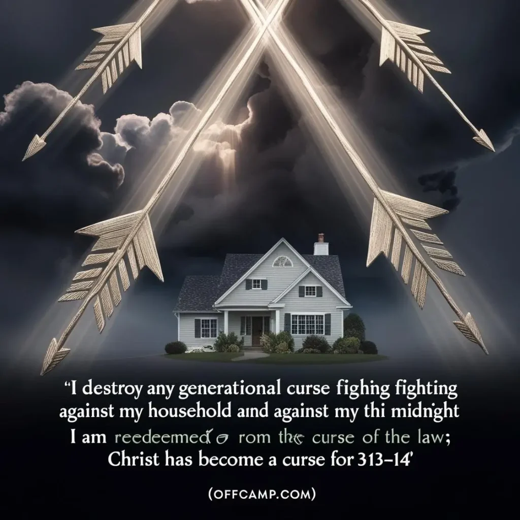 Powerful warfare prayers with scriptures illustrated as arrows of light penetrating dark spiritual clouds over a family home