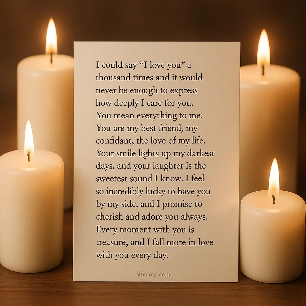 Beautiful long love message for her to fall in love displayed on elegant card with candles