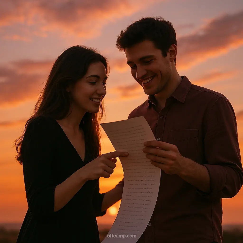 Couple reading long love message for her to fall in love together under sunset sky romance