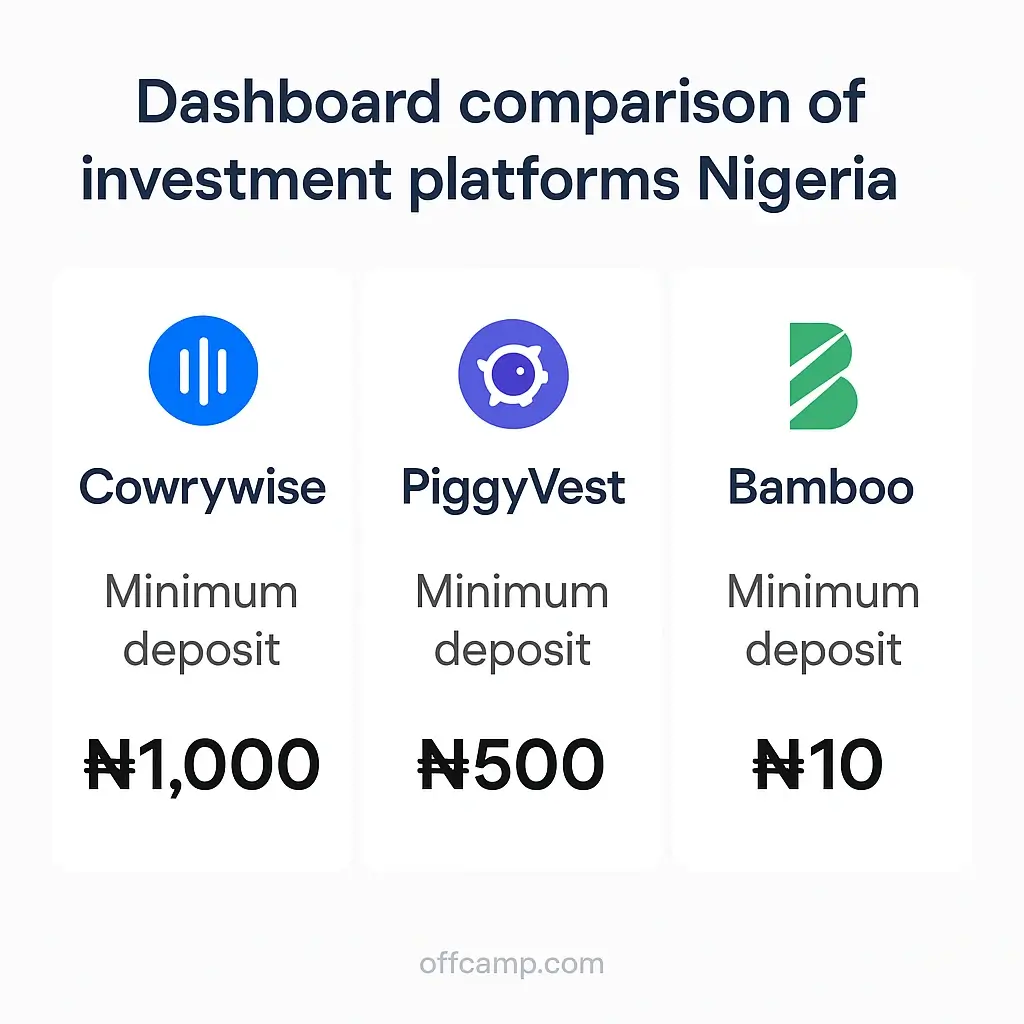 Dashboard comparison of investment platforms Nigeria featuring Cowrywise, PiggyVest and Bamboo minimum deposit requirements