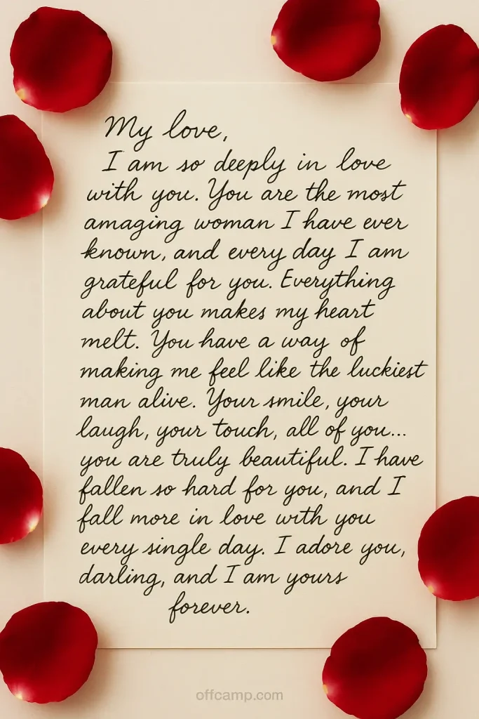 Handwritten long love message for her to fall in love on beautiful stationery with rose petals