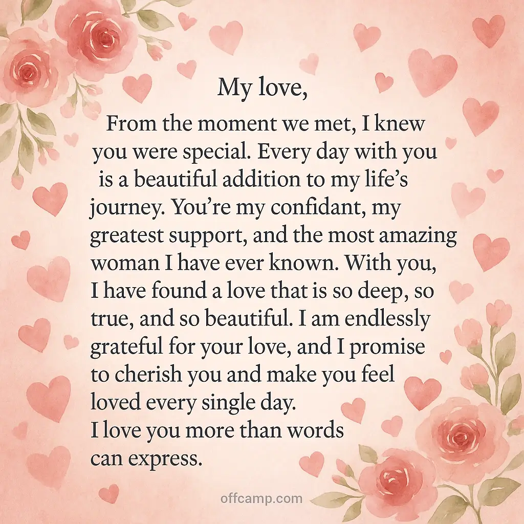 Long love message for her to fall in love written on romantic background with hearts and flowers