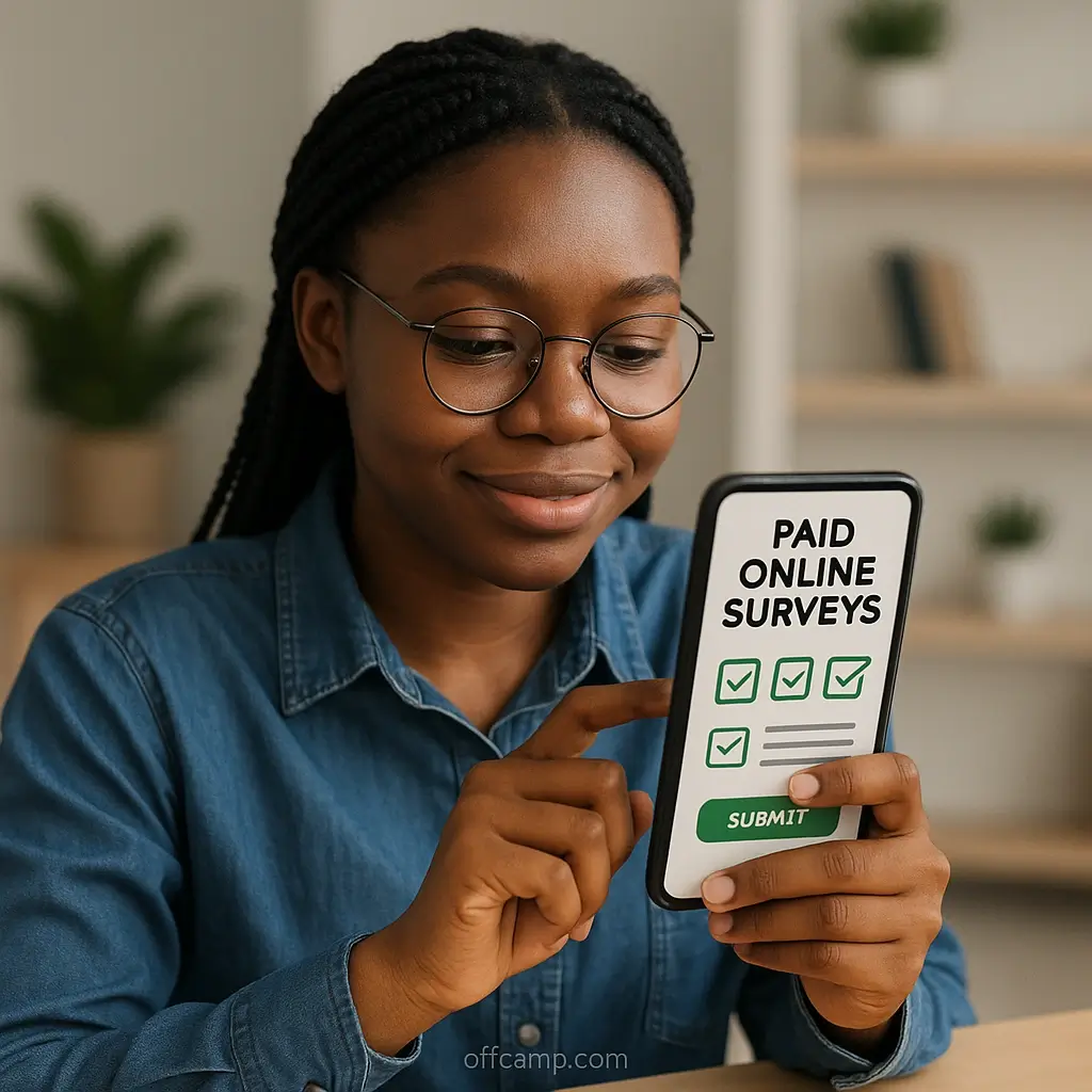 Young Nigerian completing online surveys on smartphone to earn daily income from legitimate platforms