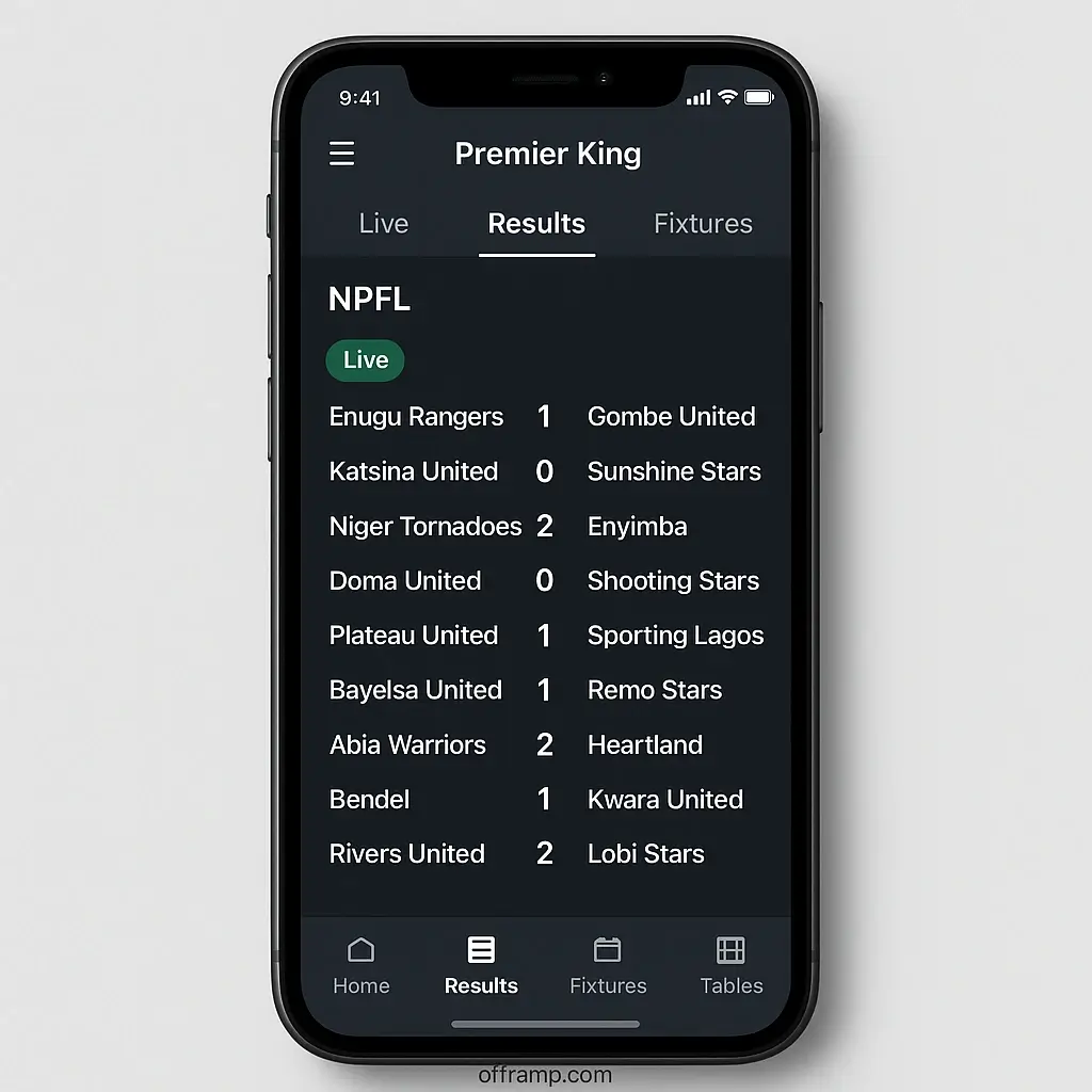 Premier King Results mobile app interface showing live NPFL scores