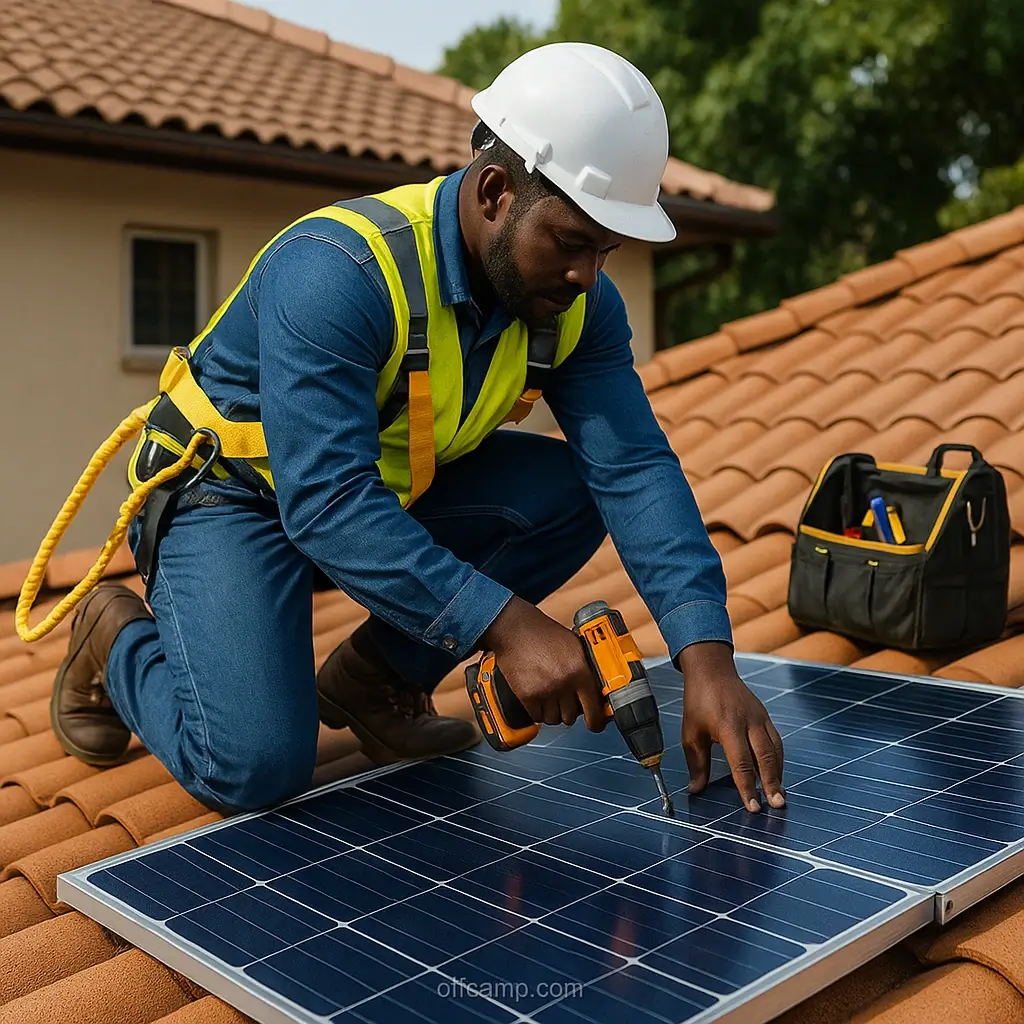 Professional performing solar panel installation on a Nigerian home with proper safety equipment and tools