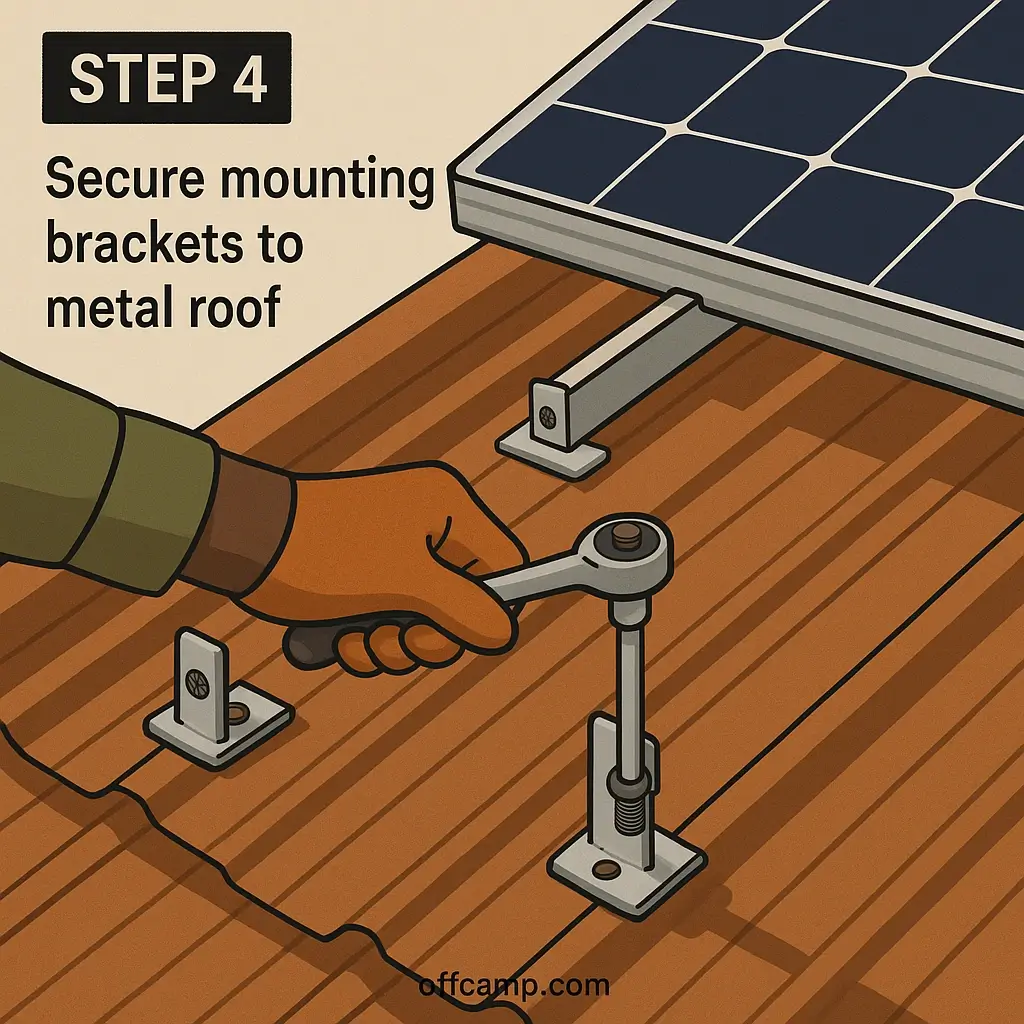 Step-by-step solar panel installation guide showing mounting brackets being secured to a metal roof in Nigeria