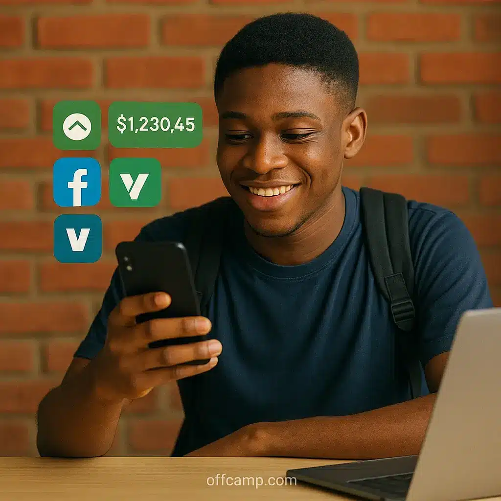 Student checking earnings from freelancing apps on mobile phone in Nigeria