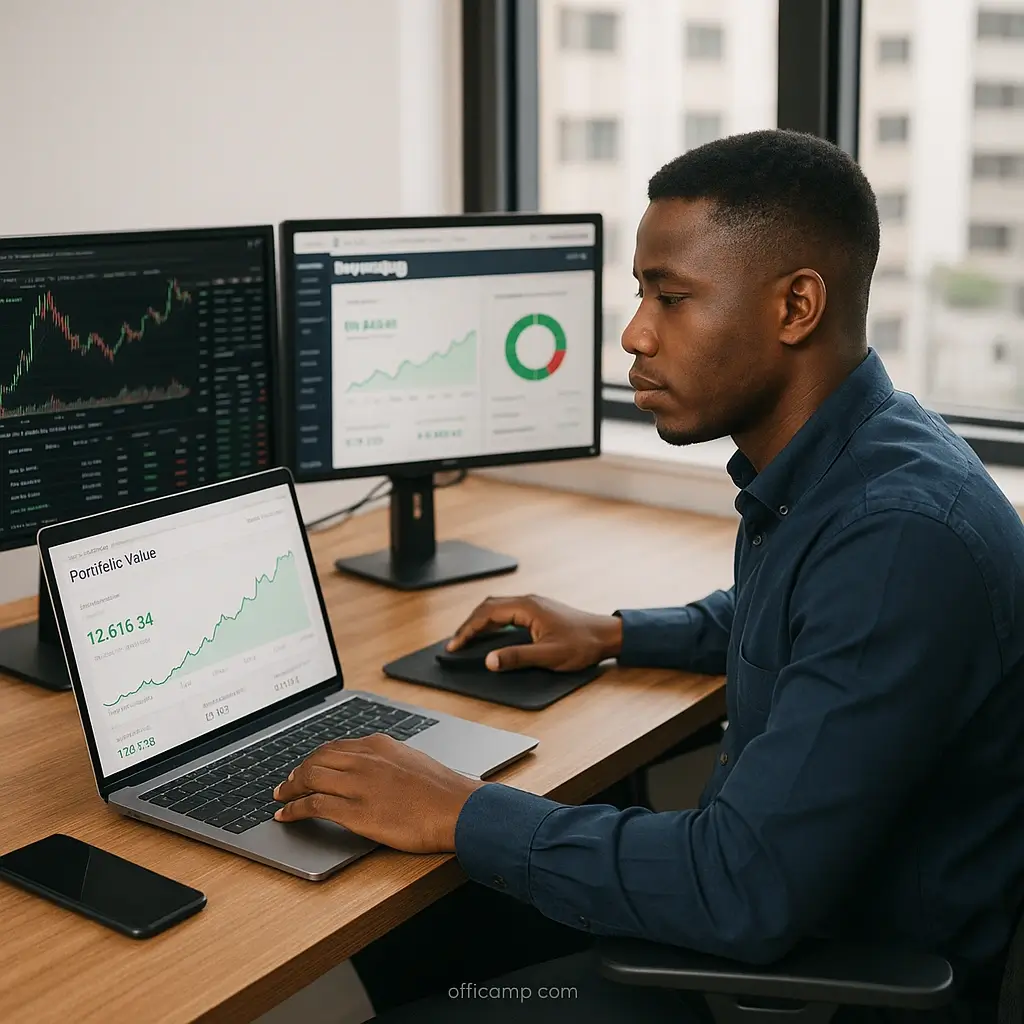 Young Nigerian professional monitoring his portfolio on multiple investment platforms Nigeria from his office in Lagos