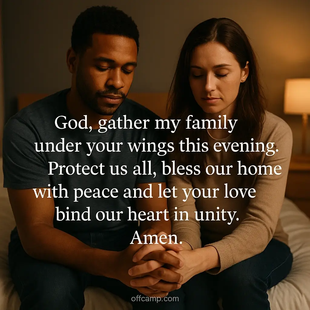 Family gathered around dinner table holding hands in evening gratitude prayer