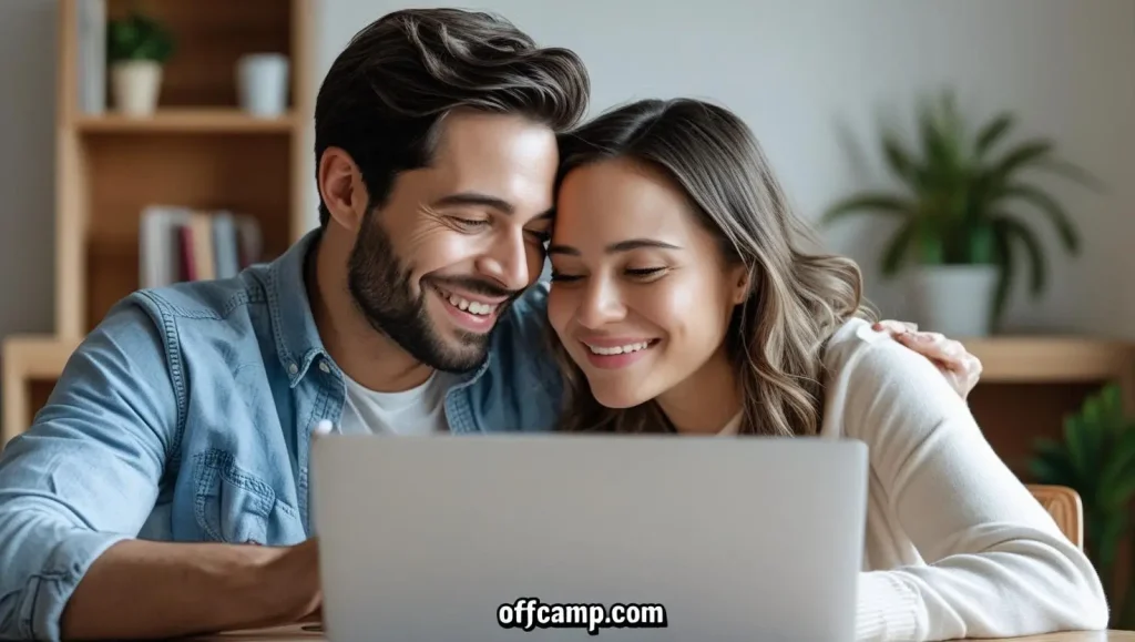 Couple separated by distance sharing missing you message for her through video call on laptop