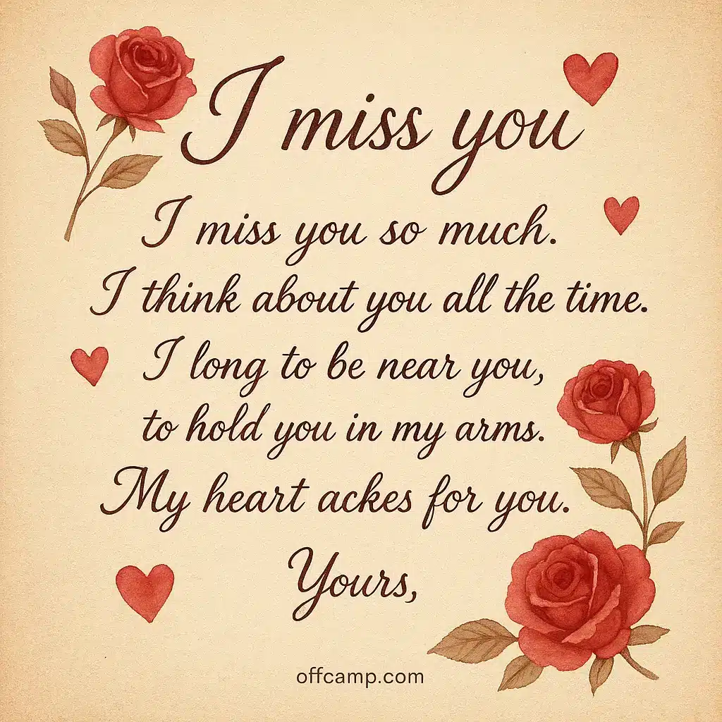 Romantic letter format showing emotional i miss you message for her examples and templates