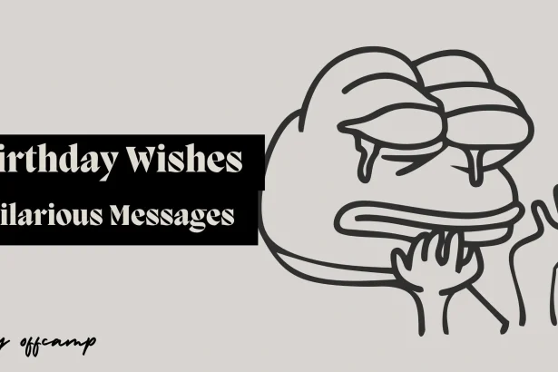 Self deprecating funny birthday wishes surrounded by laughing emojis and birthday celebration elements