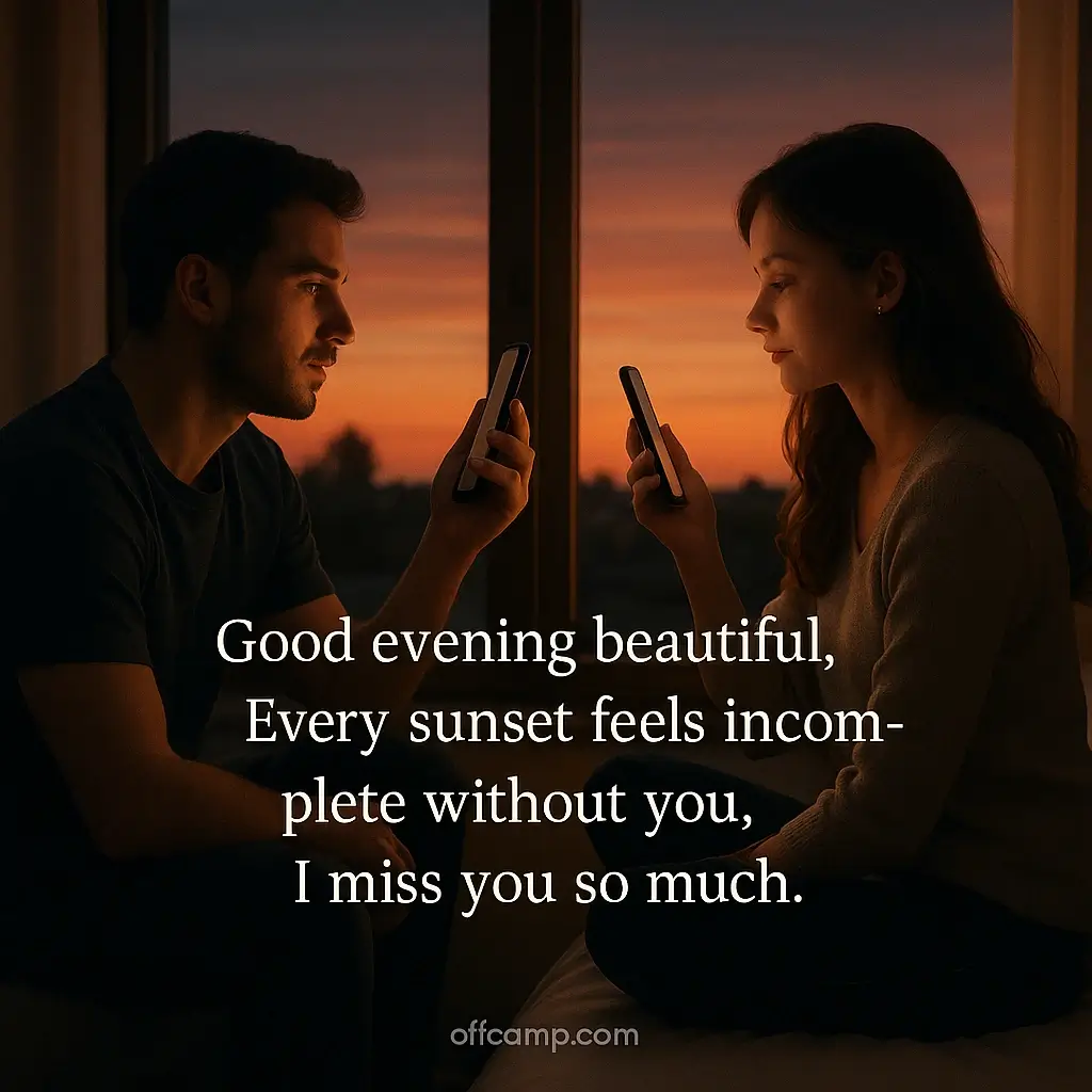 Couple separated by distance with i miss you message for her text overlay showing connection