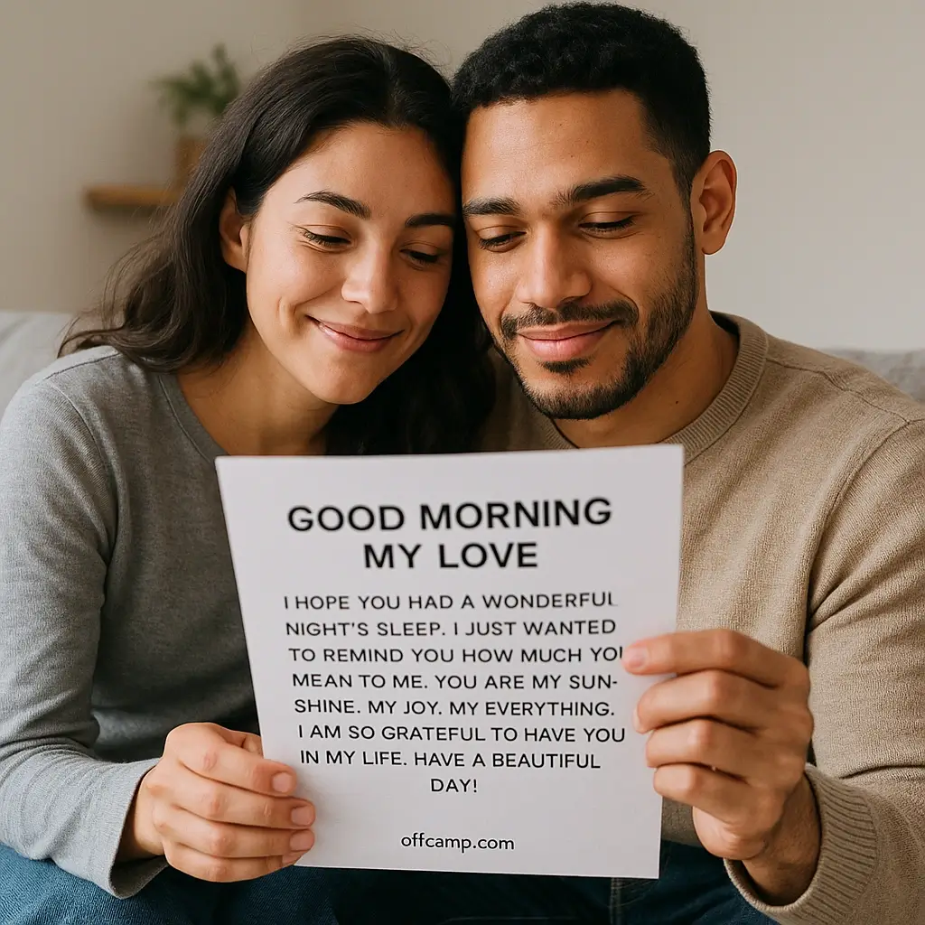 Couple reading heartfelt long good morning message together