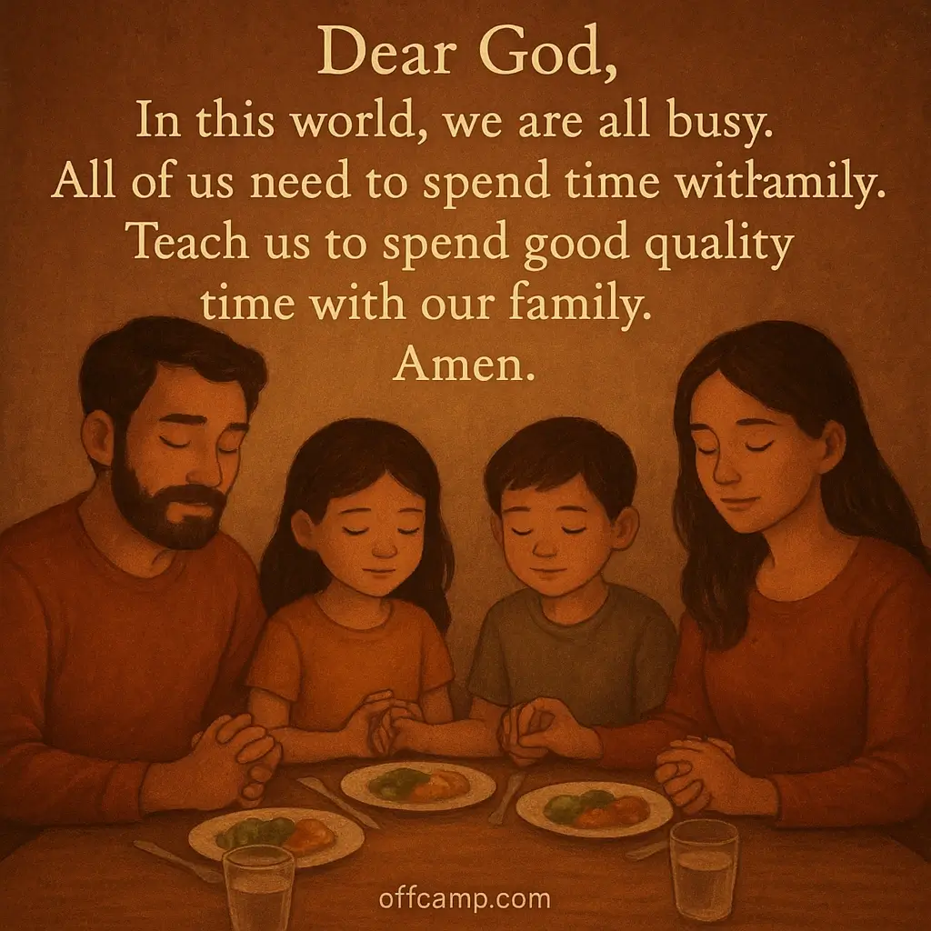 Loving family holding hands in evening prayer for family protection around dinner table
