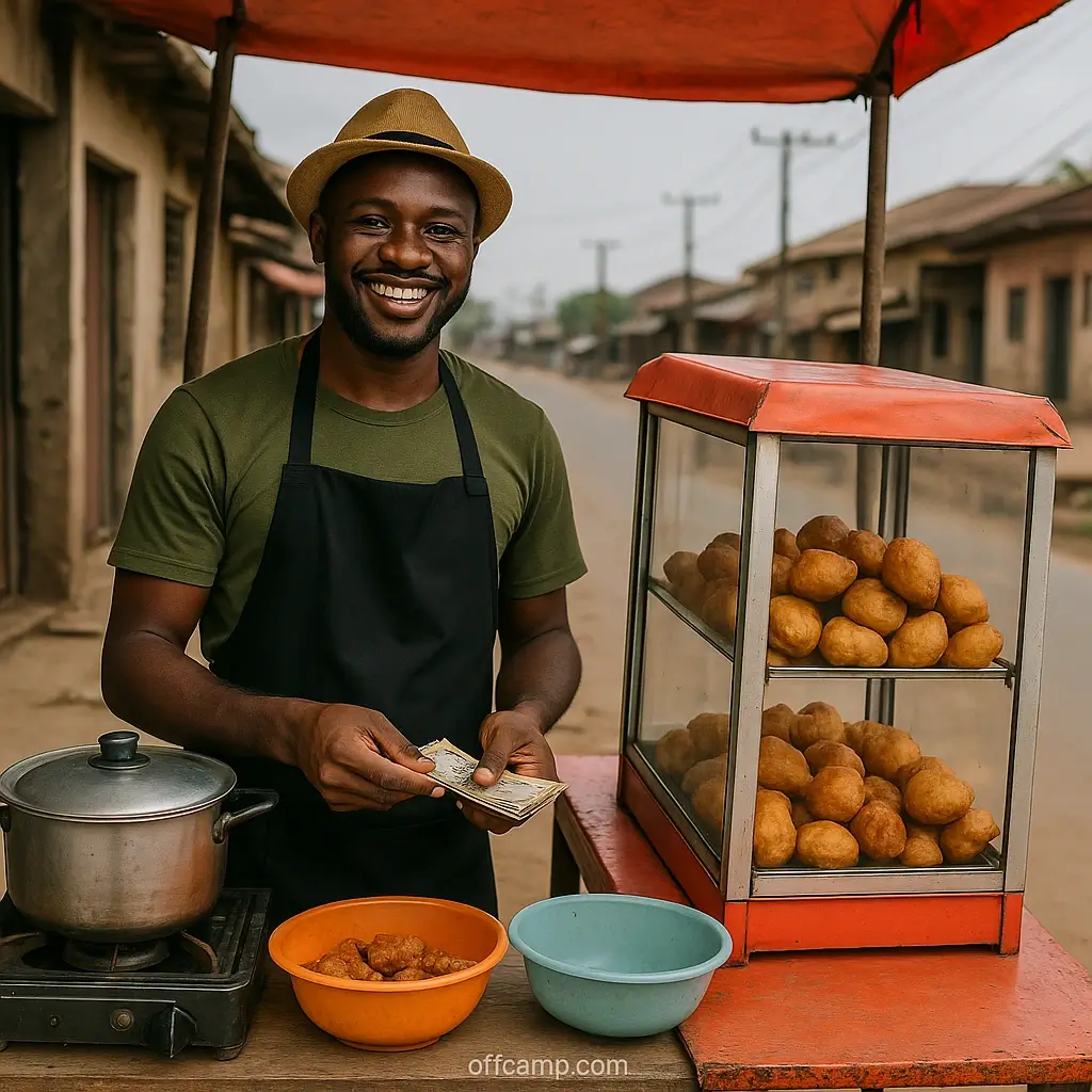 Food vendor serving customers earning consistent daily income in Nigerian city