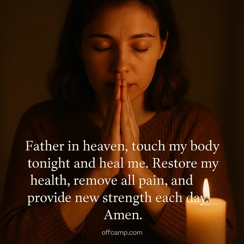 Peaceful woman praying good evening prayer messages by candlelight for spiritual peace and comfort