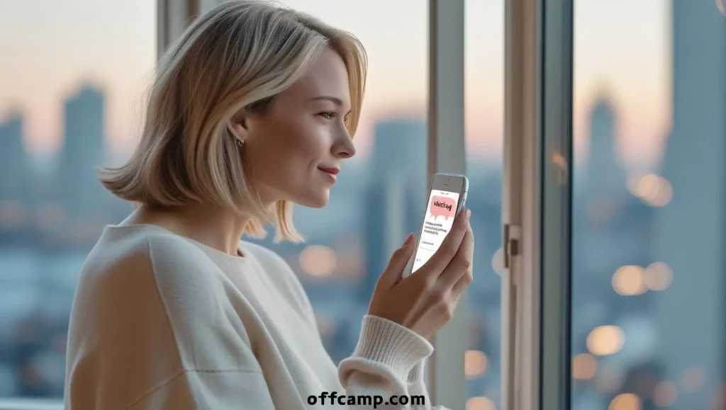 Woman reading missing you message for her on smartphone with emotional smile and warm lighting