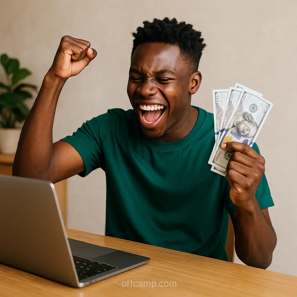 Young Nigerian celebrating successful online earnings from daily income business platforms