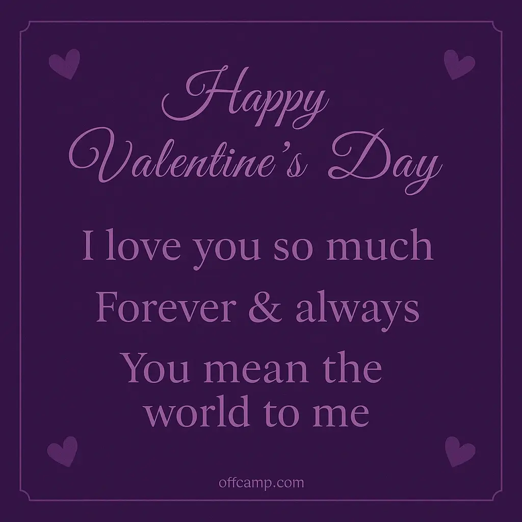 Purple elegant card featuring romantic Valentine messages for couples and loved ones