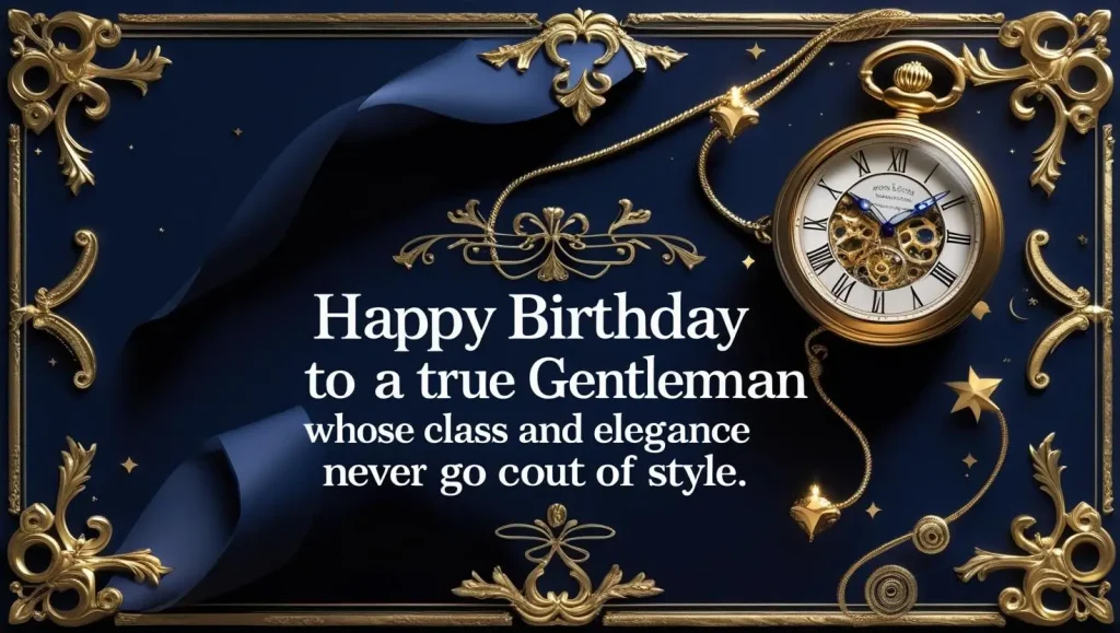 Navy blue elegant card with gold accents featuring birthday wishes for distinguished older gentleman with vintage pocket watch design