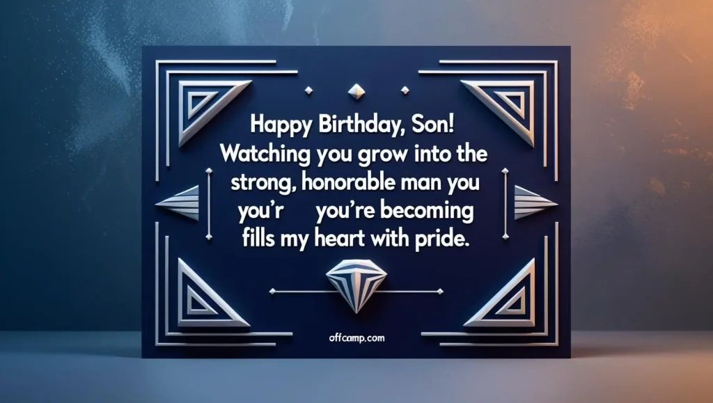 Navy blue birthday wishes card from dad to son with geometric patterns and bold typography