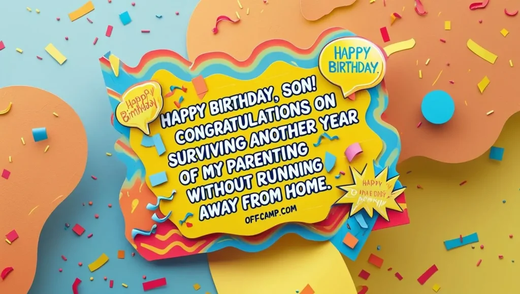 Funny yellow birthday card for son with humor quote and playful confetti decorations