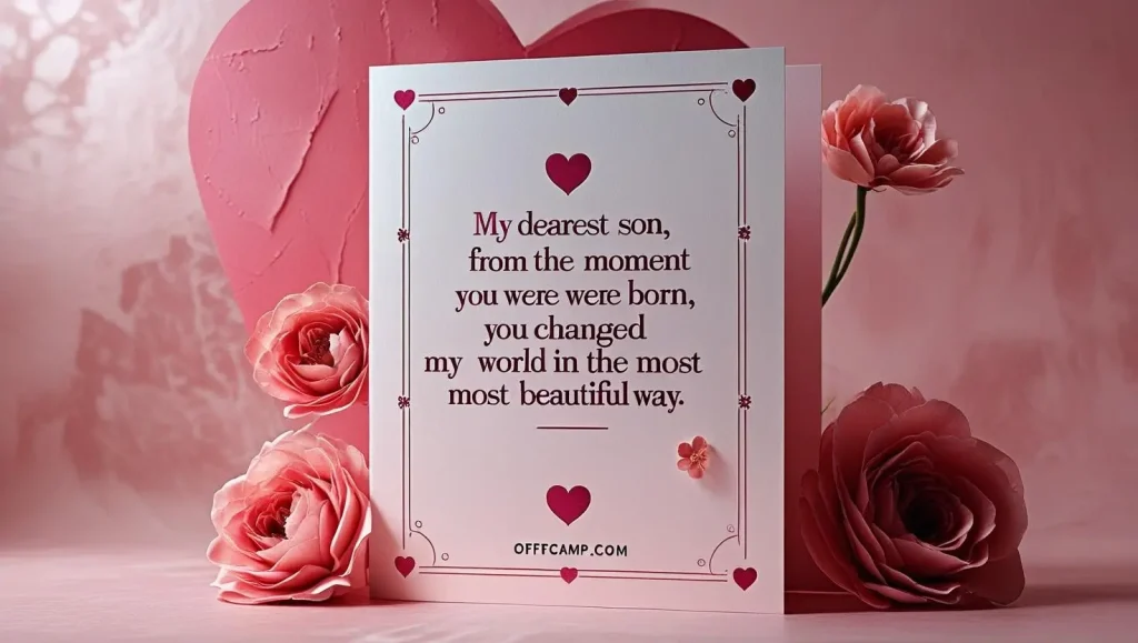 Pink gradient birthday message card from mom to son with heart decorations and floral accents