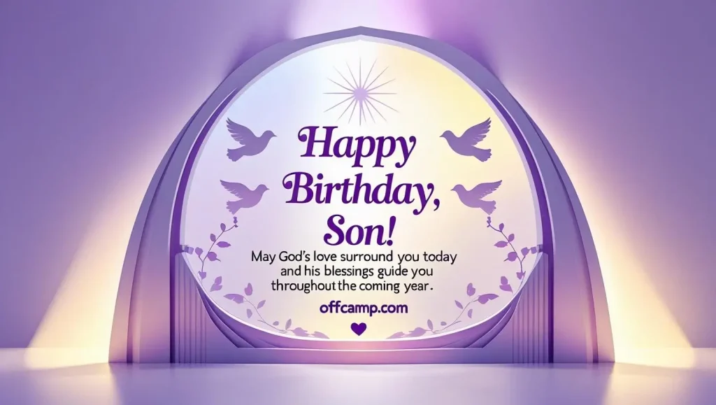Lavender spiritual birthday blessing card for son with cross patterns and dove decorations