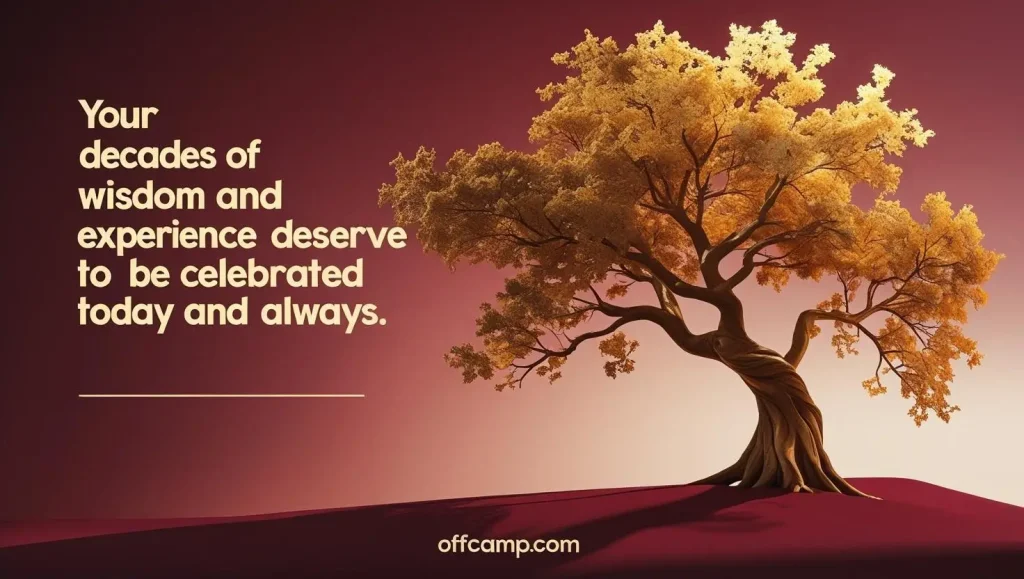 Burgundy gradient background displaying respectful birthday messages for older man with decorative oak tree symbolizing wisdom